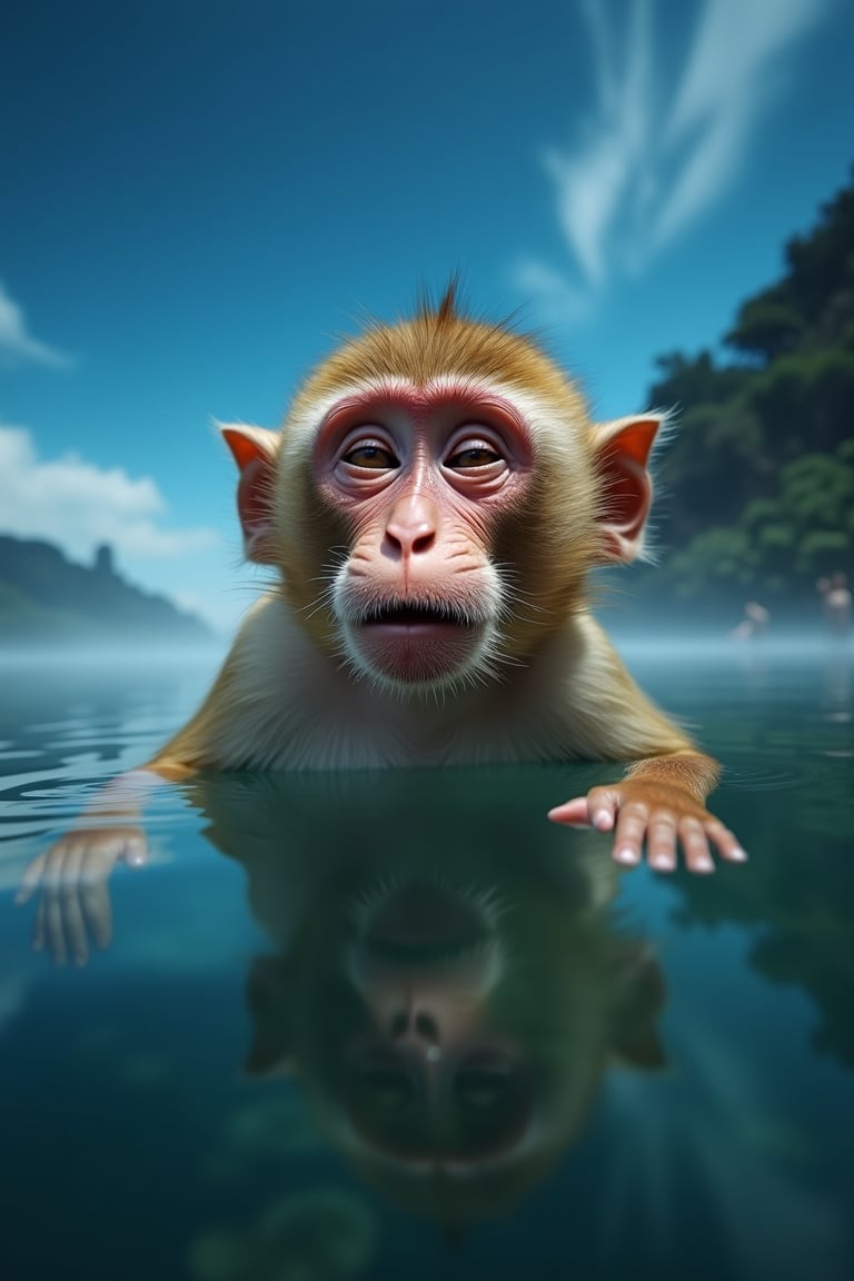 Captured from a low-angle perspective, a monkey is swimming in a body of water. The monkey's face is angled towards the right, with its eyes closed. Its eyes are slightly open, and its mouth is slightly open. Its hands are submerged in the water, and the monkey's reflection can be seen in the lower right corner of the frame. The backdrop of the monkey is a deep blue, with a few wispy clouds in the air.