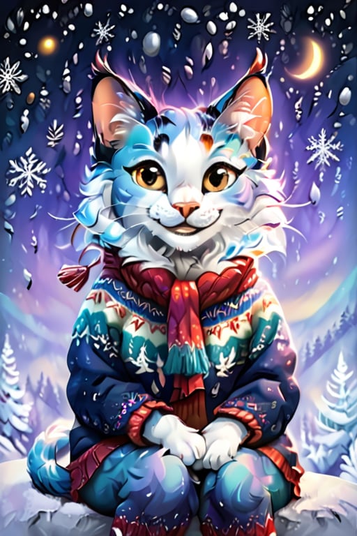 Vibrant illustration of a cheerful feline friend sitting, sporting a radiant smile and wintery attire. universe background