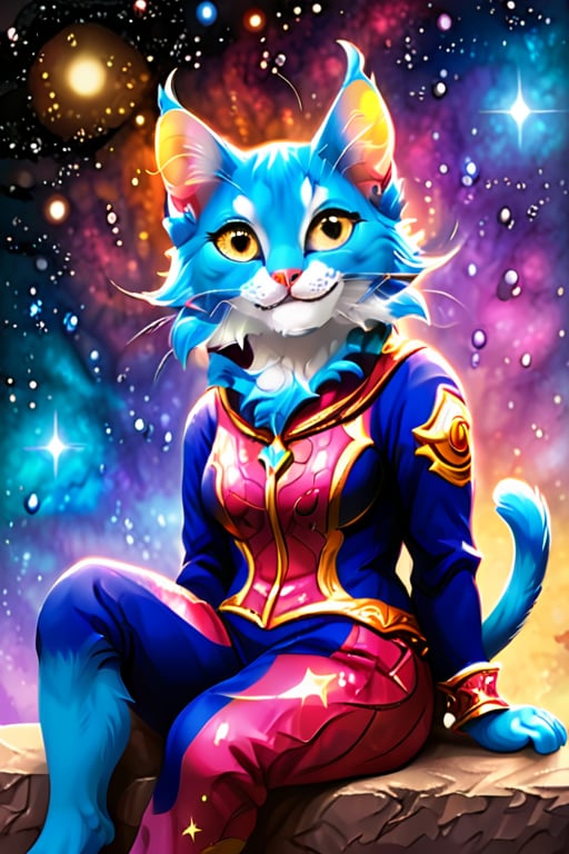 Vibrant illustration of a cheerful feline friend sitting, sporting a radiant smile and stellar outfit. universe background