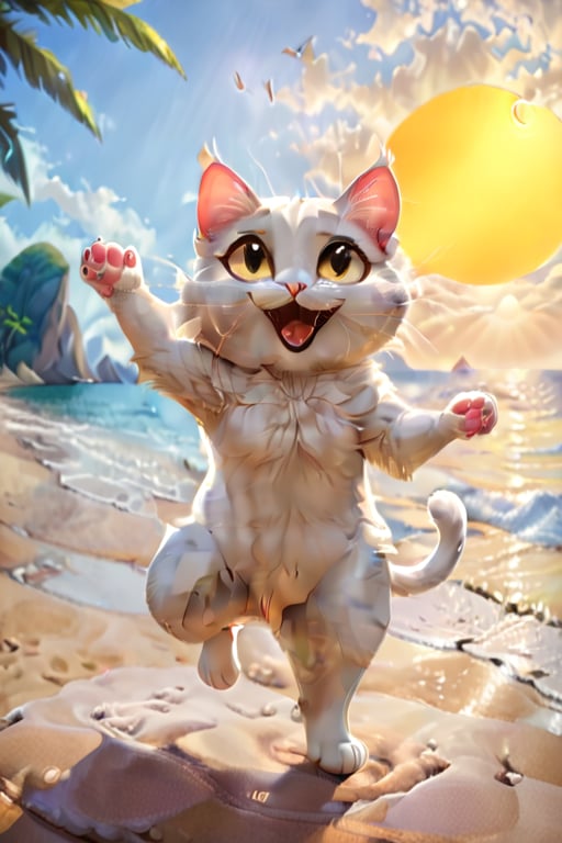 Very detailed and high quality masterpiece, full body cheerful cat cartoon, beach background and sun in front