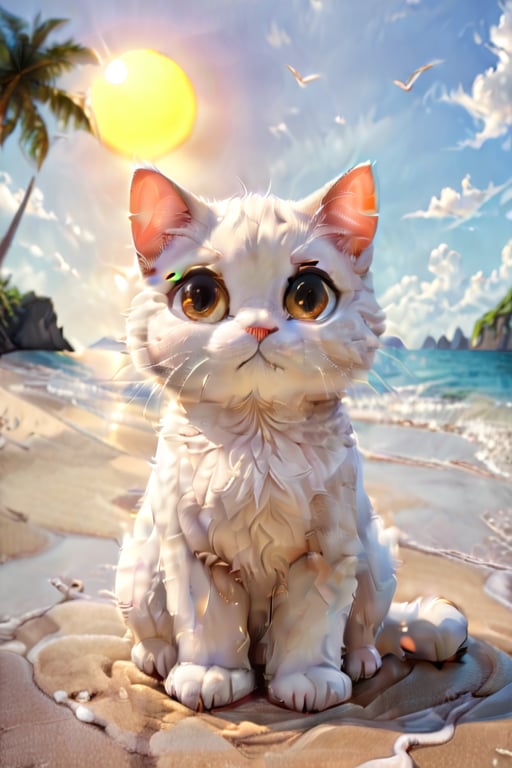 Very detailed and high quality masterpiece, full body cute cat cartoon, beach background and sun opposite