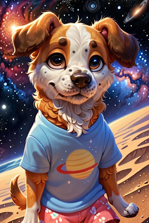 very detailed and high quality masterpiece,cartoon of a dog in summer clothes, universe background