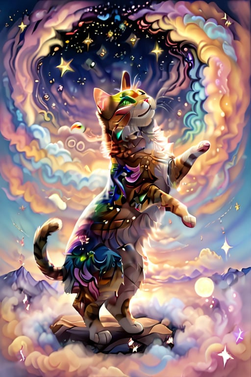 Vibrant illustration of a joyful feline friend standing upright on its hind legs, wearing a radiant smile and colorful attire. The cat's fur shines with a soft, golden sheen, as it gazes directly at the viewer with sparkling green eyes. Against a stunning backdrop of swirling pastel clouds and shimmering stars, the cat's full body is framed in a circular composition, surrounded by delicate wisps of smoke or steam. Warm, sunlit hues illuminate the scene from above, casting a gentle glow on the cat's fur and the starry background.