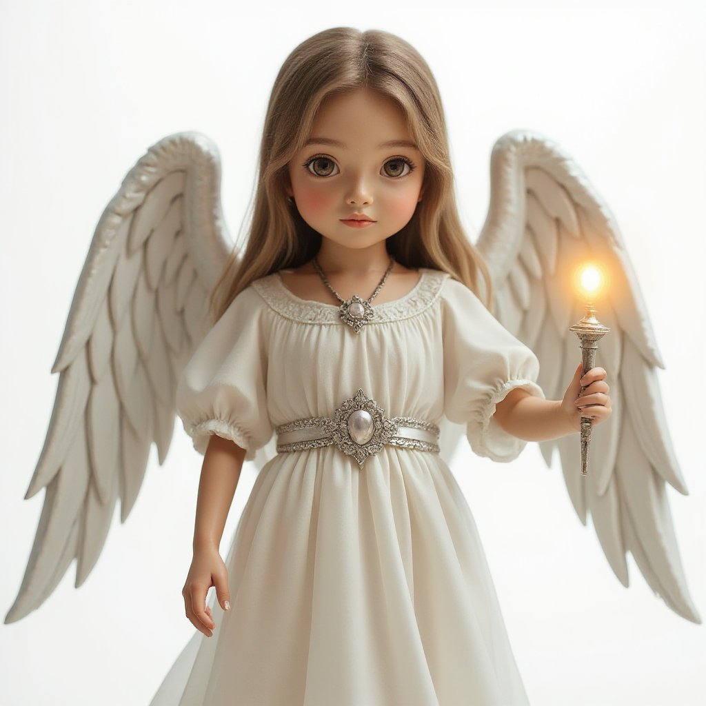 This angel is wearing an elegant white dress, the skirts of the dress are flowing. There is a silver belt around the waist of her dress, with a shining jewel in the middle of the belt. The small wings on its shoulders are light and elegant as feathers. He holds a healing wand in his hands, a small ball of light shining on the tip of the wand. A gentle smile on his face, his eyes full of kindness and compassion. Her hair is long and light brown, forming a frame around her face. There is a slight glow around her, reflecting her healing nature and power of goodness.