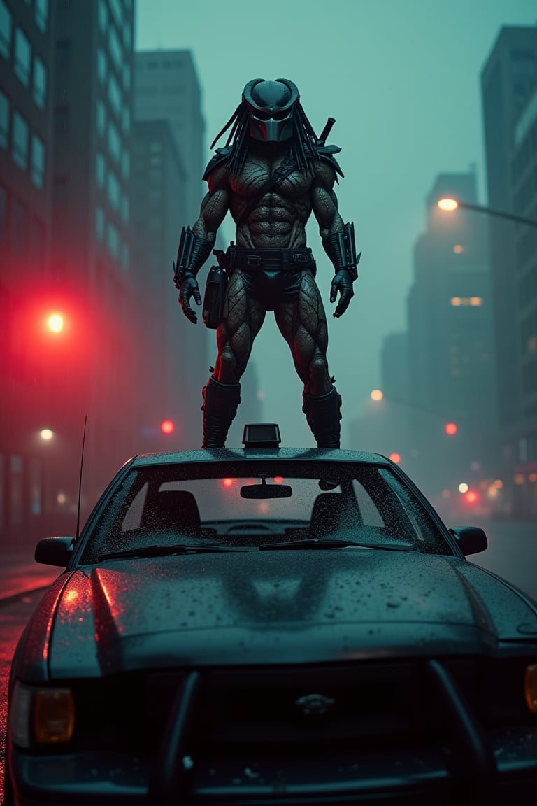 A cinematic movie still shot of Predator standing triumphantly on the flattened police car, windshield shattered, bonnet dented, amidst a dark cityscape shrouded in rain. The helicopter's piercing red light illuminates his chiseled features, casting an eerie glow. His piercing gaze is framed by the golden ratio, eyes and skin rendered with ultra-high detail. As the helicopter's tail lights grow brighter, the thick fog swirls around him, creating a sense of foreboding in this 16K UHD shot.