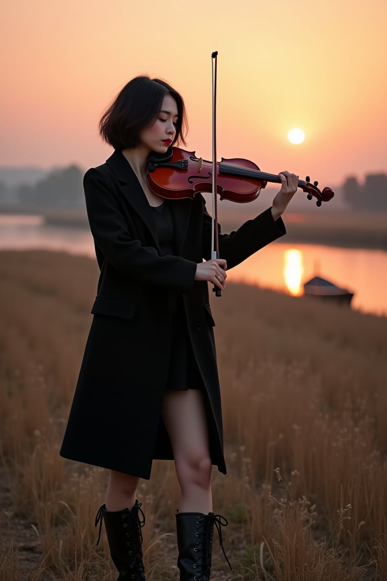 a professional photograph showcasing of super cute model in field with a view of the river at sunset.winter.she playing violin,she were black overcoat,black mini dress,dr marten black boots,black_hair,short hair,shiny red_lipstick,closed_eyes,There is a small wooden boat the river, and the sky reflects,sky color pink,extreme realism,real life,realistic image,high-quality lighting.aesthetic,analog film,hightly detailed,golden ratio,