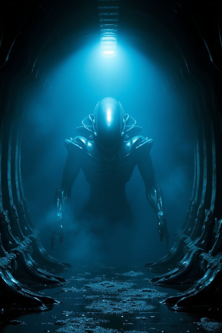 A cinematic shot of a xenomorph emerging from an eerie darkness within the confines of its own skeletal form, nestled inside a spacecraft. The air is thick with mist as the creature's movements are illuminated by a faint blue warning light suspended above, casting an otherworldly glow. Wet floors glisten in the dim light, and every detail is rendered in ultra-high definition, 16k UHD perfection, evoking an sense of realism and unease.,biomechanical style,style of H. R. Giger