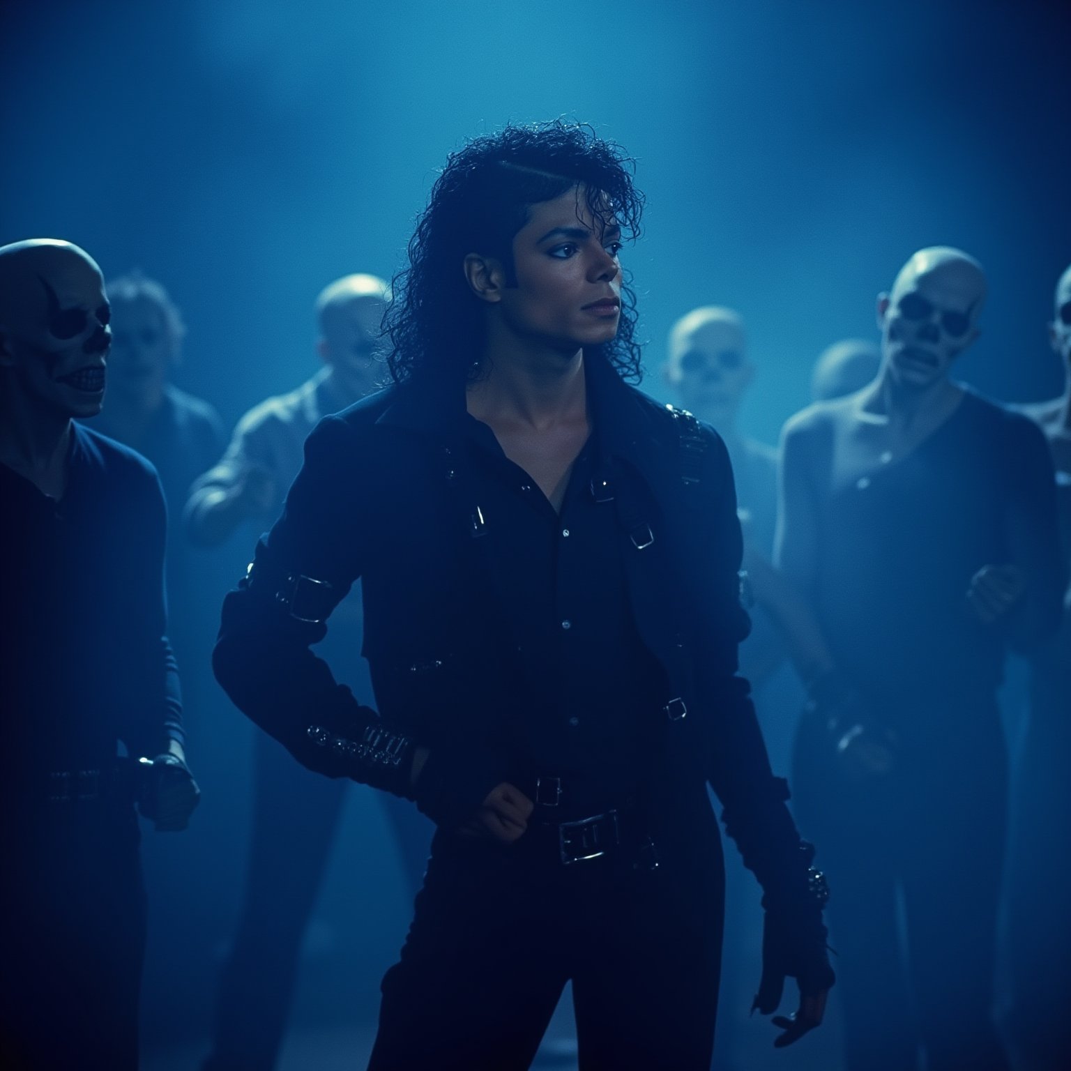 Michael Jackson stands center-frame, his full body illuminated by a dark blue haze. Thick fog swirls around him, as he performs the iconic Thriller dance with undead companions. His realistic face is aglow with a subtle sheen, framed by a beautiful hairstyle that seems to defy gravity. Eyes that are both mesmerizing and haunting gaze out, surrounded by skin that appears almost... human. The extreme realism of this 16k UHD image is nothing short of breathtaking, as if captured from the film itself. The golden ratio guides our attention to MJ's striking visage, set against a backdrop of eerie darkness.