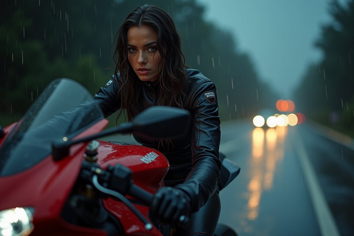 A sultry Russian supermodel, drenched in the rain, revs up her Ducati Panigale V4 on a dark expressway. The headlight's beam casts an eerie glow on the wet asphalt as she zooms by, her motorcycle suit clinging to her curves. Her beautiful face, with realistic features and piercing eyes, glistens under the misty veil. Golden ratio perfection is evident in every frame of this high-stakes, high-quality image, rendered in 16K UHD with ultra-realistic lighting and details that leap off the screen.