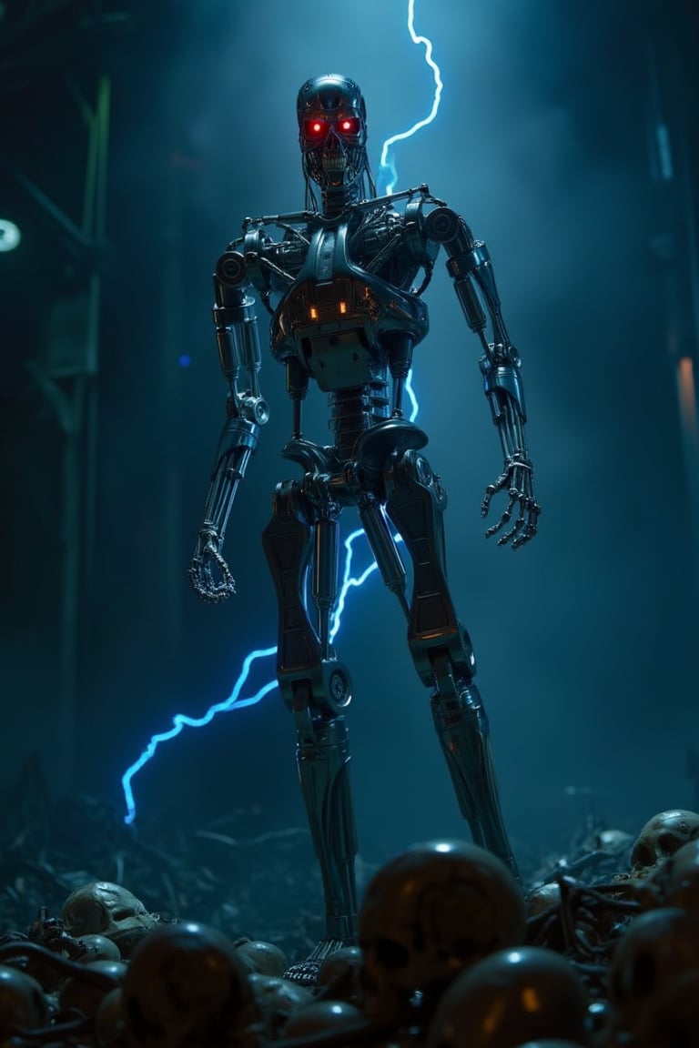 a cinematic movie screen shot of Terminator2.a steel mill.The machine's face was exposed on the half-peeled skin of the T800.eyes red light grows.There is a blue electric spark coming from body.extreme realism, real life,realistic image, high-quality lighting,16k UHD.aesthetic,film,(masterpiece:1.3), (8k, photorealistic, RAW photo, best quality: 1.4),ultra high res, ultra realistic, hightly detailed.,T800 robot walking.a dark light.He stands on a tomb made of human skulls.