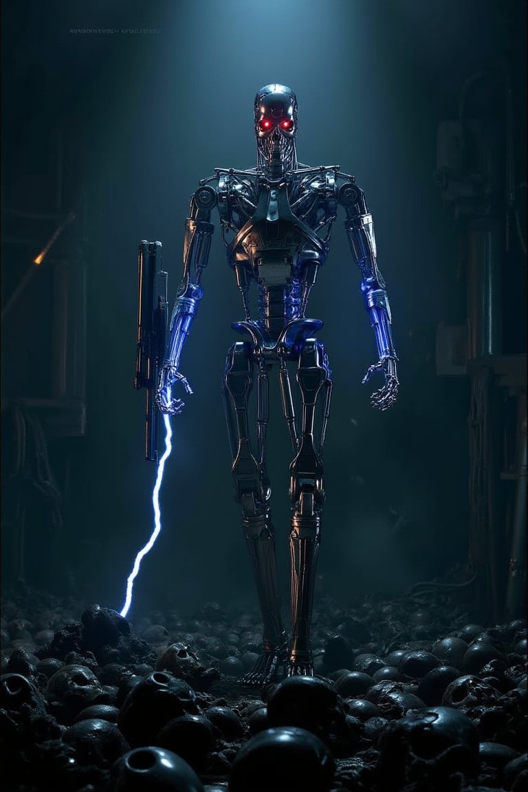 a cinematic movie screen shot of Terminator2.a steel mill.The machine's face was exposed on the half-peeled skin of the T800.eyes red light grows.his hand holding machine gun.There is a blue electric spark coming from body.extreme realism, real life,realistic image, high-quality lighting,16k UHD.aesthetic,film,(masterpiece:1.3), (8k, photorealistic, RAW photo, best quality: 1.4),ultra high res, ultra realistic, hightly detailed.,T800 robot walking.a dark light.He stands on a tomb made of human skulls.