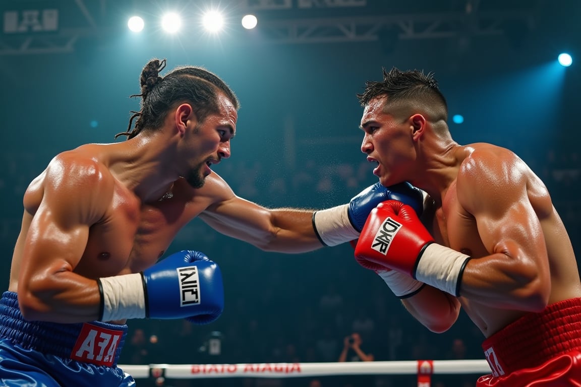 A split-second moment of intensity: the American super heavyweight boxing match. The camera's 16K UHD lens captures every detail as a white-skinned fighter with a crown braid and blue attire unleashes a powerful right straight, striking his opponent with short hair and red gear. The opponent's hair is bent in agony, sweat glistening on their face. Meanwhile, the crowd's camera flashes illuminate the scene with a burst of white light. The fighters' wet bodies glisten under the intense eye of the lens, their faces contorted in effort. In this ultra-realistic image, every detail stands out: the wet skin, the sweaty brows, and the extreme realism that brings the moment to life.