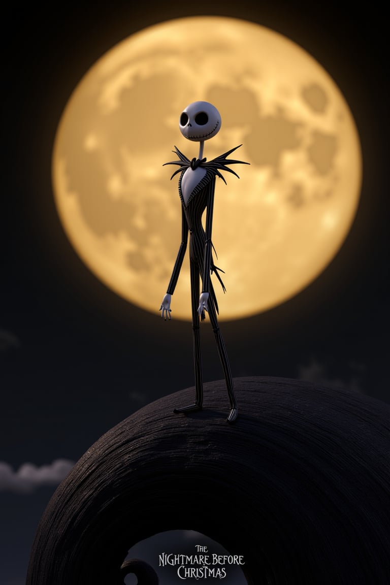 3D Animation style of Tim Burton's The Nightmare Before Christmas.Jack Skellington walking on the hill. A big full gold moon behind him.dark_background.extreme realism, real life,realistic image, high-quality lighting,16k UHD.aesthetic,film,(masterpiece:1.3), (8k, photorealistic, RAW photo, best quality: 1.4),ultra high res, ultra realistic, hightly detailed.The text 'The Nightmare Before Christmas' is displayed at the bottom of the image.