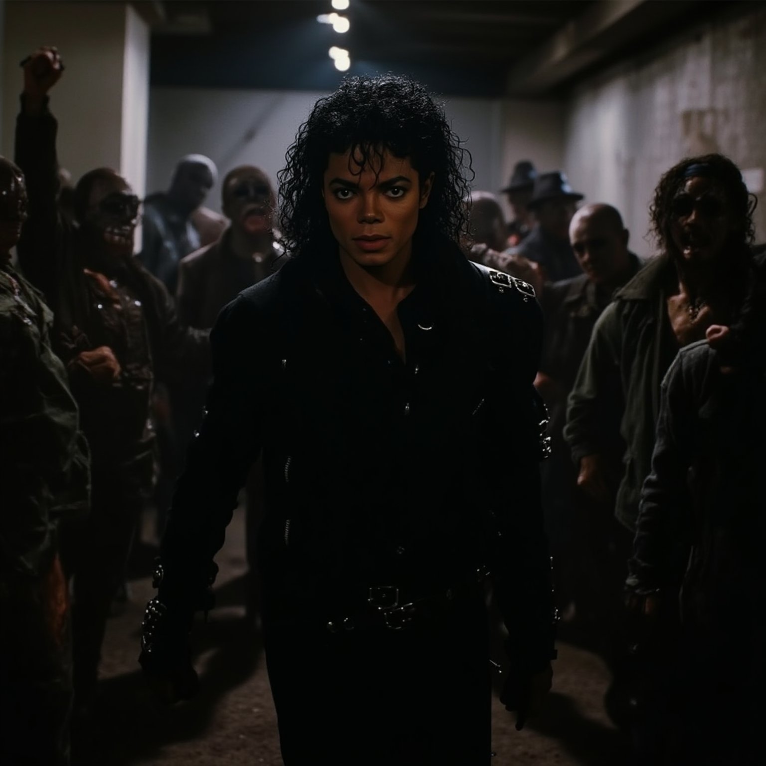 A haunting still shot of Michael Jackson in a dimly lit, abandoned subway tunnel. MJ's full-body pose captures the essence of his iconic Thriller dance, surrounded by a horde of undead zombies. His realistic face, with piercing eyes and smooth skin, exudes an air of otherworldliness. The golden ratio is subtly maintained as MJ's figure is framed against the eerie backdrop. High-contrast lighting accentuates the textures of the subway walls and adds to the sense of foreboding. In 16k UHD resolution, every detail is meticulously rendered, from the fine lines on MJ's face to the gruesome decay of the zombies. The image is a masterclass in ultra-realism, drawing the viewer into its dark, thrilling world.