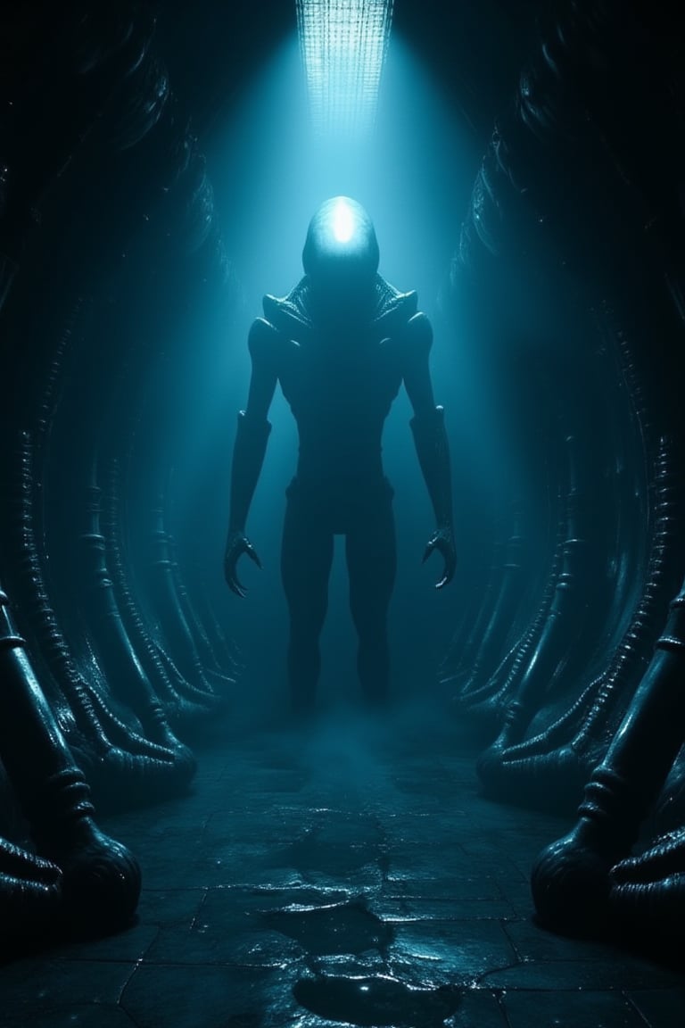 A cinematic shot of a xenomorph emerging from an eerie darkness within the confines of its own skeletal form, nestled inside a spacecraft. The air is thick with mist as the creature's movements are illuminated by a faint blue warning light suspended above, casting an otherworldly glow. Wet floors glisten in the dim light, and every detail is rendered in ultra-high definition, 16k UHD perfection, evoking an sense of realism and unease.,biomechanical style,style of H. R. Giger