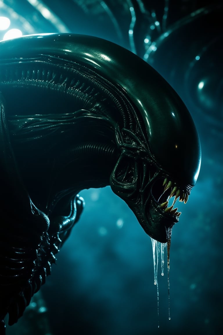 a cinematic movie still shot of xenomorph in spaceship.drooling chin.wet_skin,The interior of the spacecraft became xenomorphic.biomechanical style,extreme realism, real life,realistic image, high-quality lighting,16k UHD,film,realistic eyes,(realistic skin),ultra high res, ultra realistic, hightly detailed,golden ratio,a dark light.dark blue light and thick fog.style of H. R. Giger