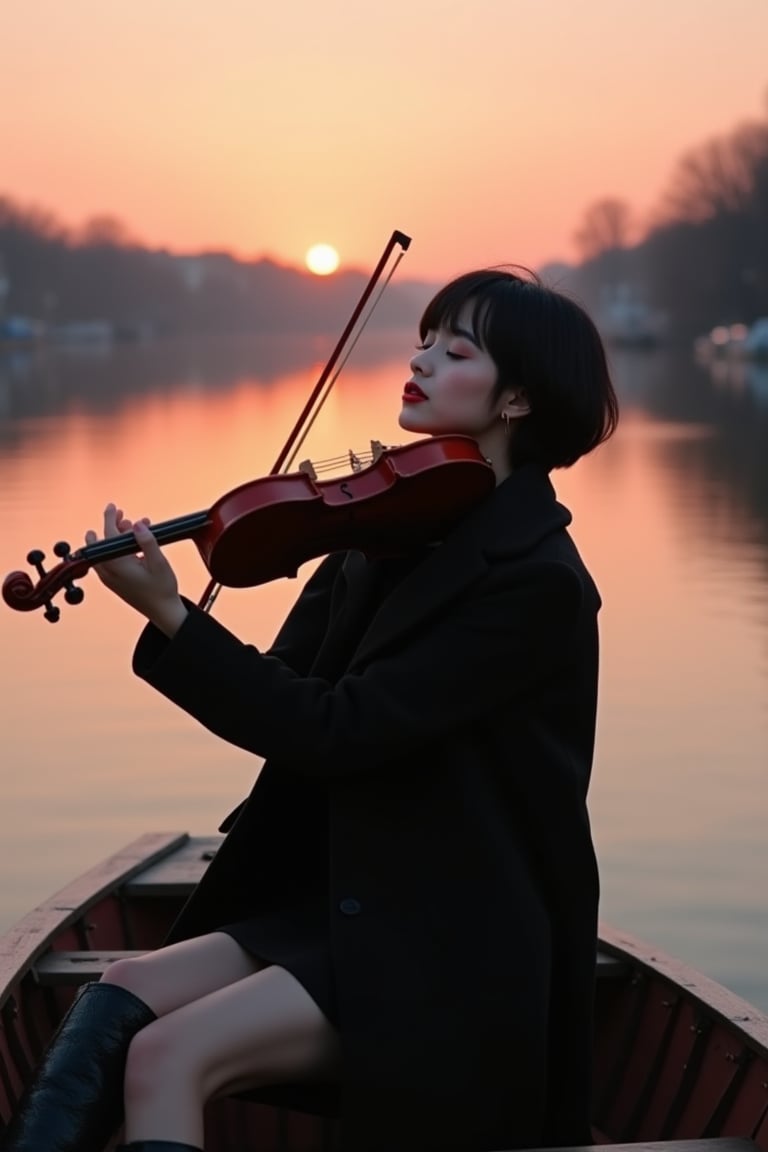 a professional photograph showcasing of super cute model and field with a view of the river at sunset.winter.she playing violin on the small wooden boat the river,she were black overcoat,black mini dress,dr marten black boots,black_hair,short hair,shiny red_lipstick,closed_eyes,the sky reflects,sky color pink,extreme realism,real life,realistic image,high-quality lighting.aesthetic,analog film,hightly detailed,golden ratio,