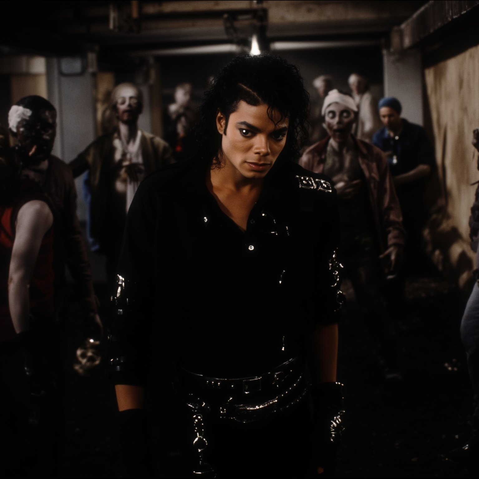 A haunting still shot of Michael Jackson in a dimly lit, abandoned subway tunnel. MJ's full-body pose captures the essence of his iconic Thriller dance, surrounded by a horde of undead zombies. His realistic face, with piercing eyes and smooth skin, exudes an air of otherworldliness. The golden ratio is subtly maintained as MJ's figure is framed against the eerie backdrop. High-contrast lighting accentuates the textures of the subway walls and adds to the sense of foreboding. In 16k UHD resolution, every detail is meticulously rendered, from the fine lines on MJ's face to the gruesome decay of the zombies. The image is a masterclass in ultra-realism, drawing the viewer into its dark, thrilling world.