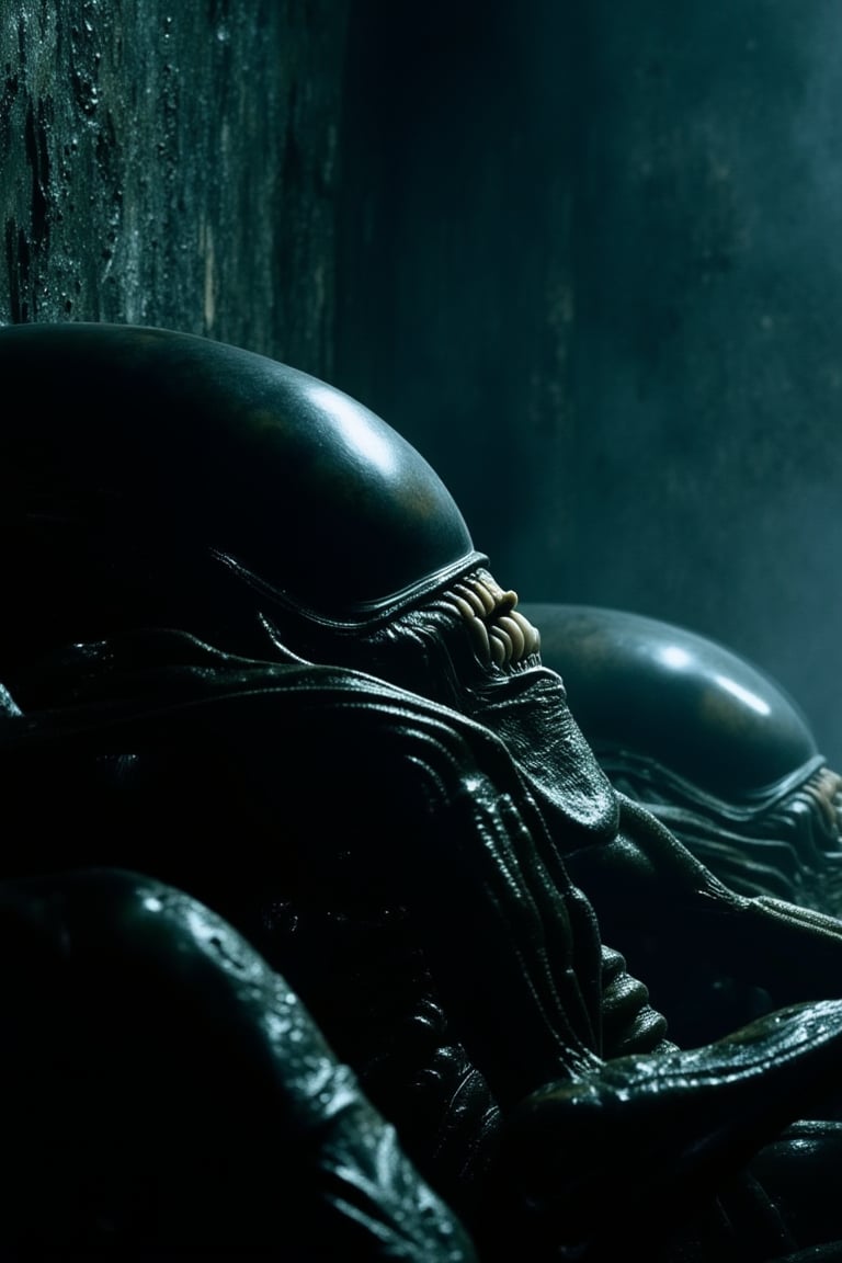 a cinematic movie still shot of xenomorph' spawning room in spacecraft.Facehugger are attached to the man's full face.lying back wall.At the bottom is  xenomorph' eggs with sticky exche.wet_skin,The interior of the spacecraft became xenomorphic.biomechanical style,extreme realism, real life,realistic image, high-quality lighting,16k UHD,film,realistic eyes,(realistic skin),ultra high res, ultra realistic, hightly detailed,golden ratio,a dark light.dark blue light and thick fog.style of H. R. Giger.