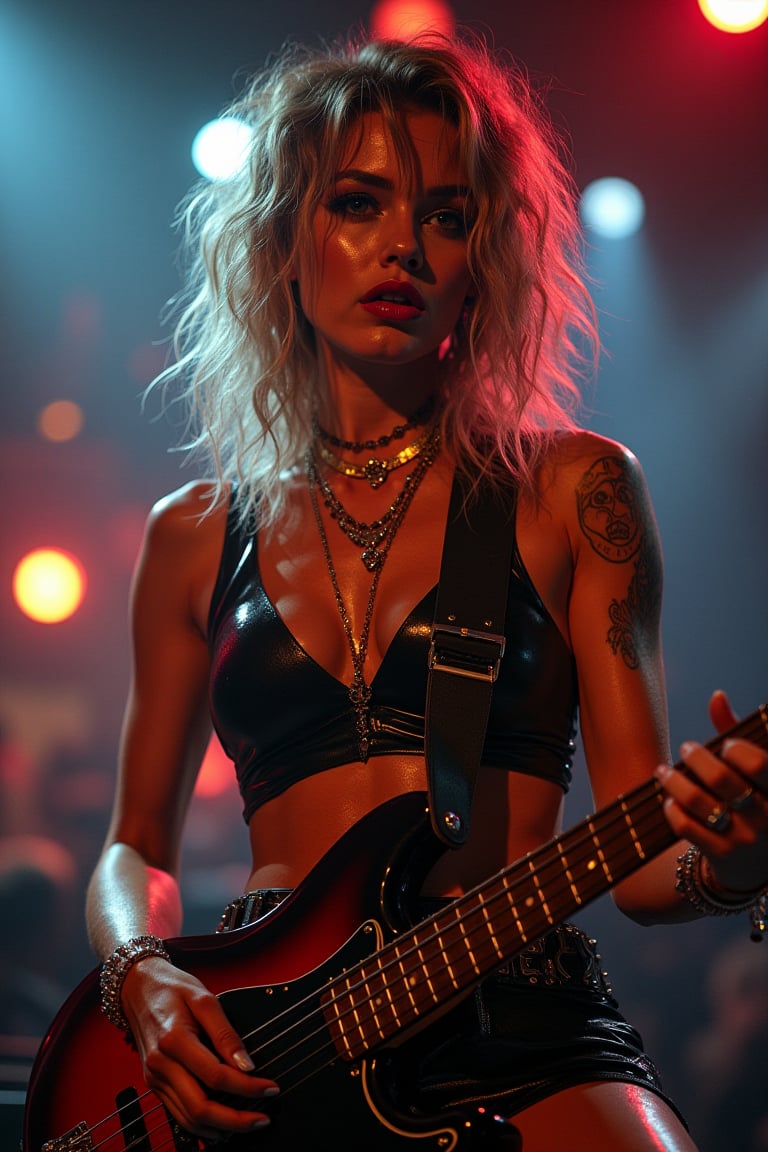 In a vibrant, pulsating light, a stunning model stands center stage at the Woodstock Music and Art Fair, surrounded by the energy of a punk rock band. She wears a bold, '80s-inspired costume, complete with piercing jewelry and spiked accessories that add to her edgy charm. Her sweat-glistened skin glistens like polished marble as she strums an electric bass guitar, her shiny lips painted with vibrant red lipstick matching the intensity of her gaze. Her eyes, framed by thick lashes and black eyeliner, sparkle like gemstones beneath a bold, golden eyeshadow. As the camera captures her every movement in ultra-high definition (16k UHD), the model's beautiful face, hair, and skin seem to leap off the screen, bathed in an intense, cinematic lighting that highlights her every feature with precision and detail. The resulting image is a true masterpiece of realism, with its black-and-white color palette and golden ratio composition creating a visually stunning portrait that demands attention.