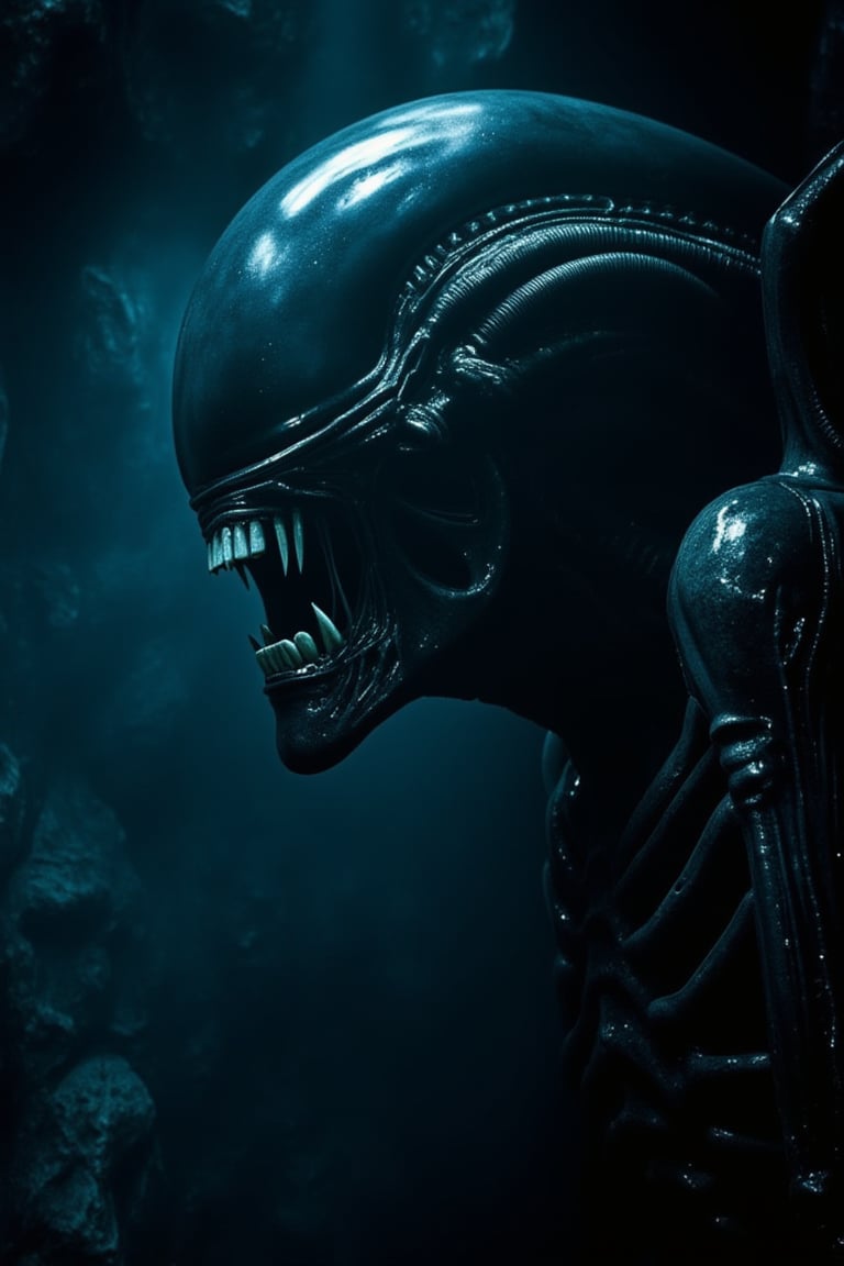 a cinematic movie still shot of xenomorph' spawning room in spacecraft.Facehugger are attached to the man's full face.lying back wall.At the bottom is  xenomorph's eggs with sticky exche.wet_skin,The interior of the spacecraft became xenomorphic.biomechanical style,extreme realism, real life,realistic image, high-quality lighting,16k UHD,film,realistic eyes,(realistic skin),ultra high res, ultra realistic, hightly detailed,golden ratio,a dark light.dark blue light and thick fog.style of H. R. Giger.