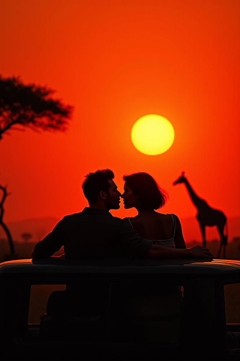 a professional photograph showcasing of The silhouette of a man and a woman watching the sunset in Africa.she is short_hair.They are sitting on the roof of a jeep car.kiss.There is a silhouette of a giraffe in the distance.There is a big tree next to the car.sky is red color.extreme realism, real life,realistic image, high-quality lighting,16k UHD.aesthetic,film,(masterpiece:1.3), (8k, photorealistic, RAW photo, best quality: 1.4),ultra high res, ultra realistic, hightly detailed.