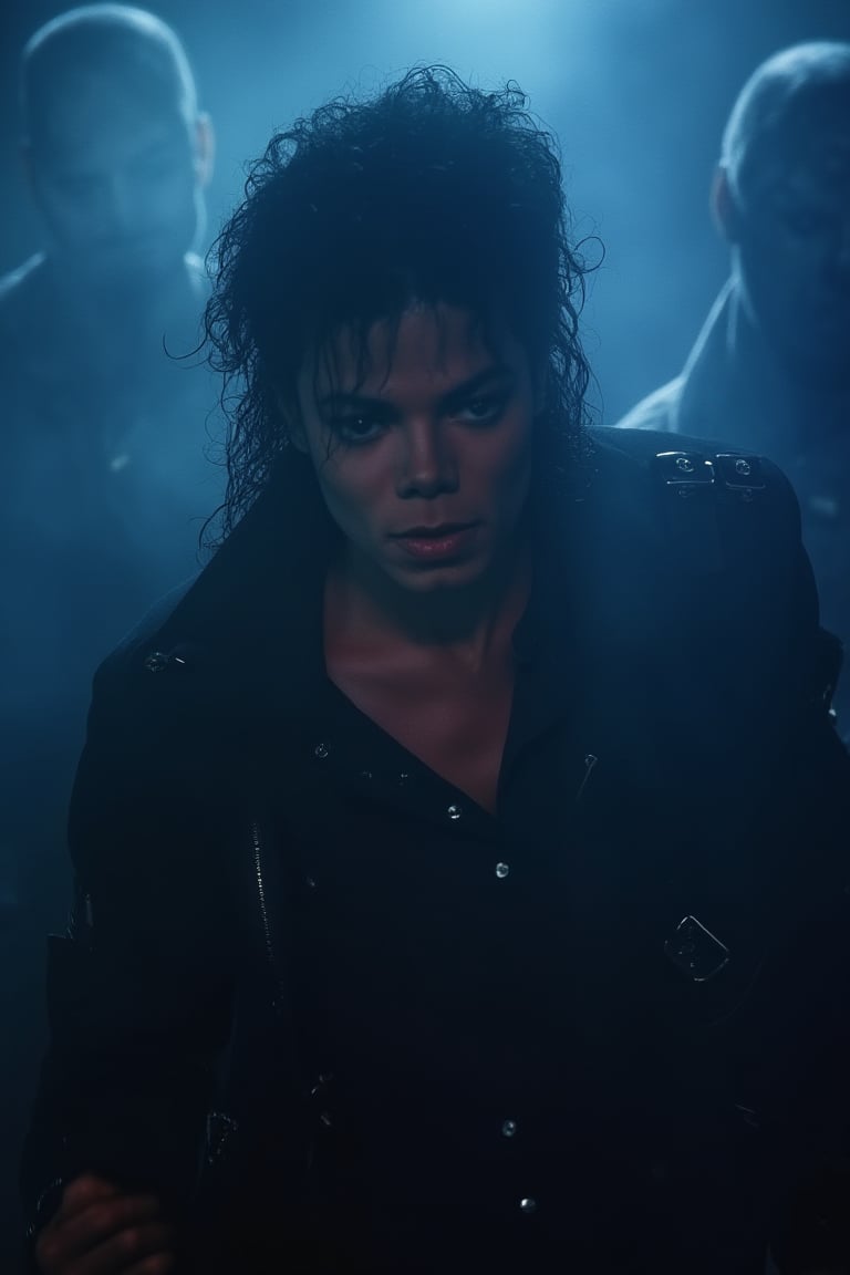 a cinematic music video still shot of Thriller. Michael Jackson performs a thriller dance with zombies.full_body.a dark light.dark blue and thick fog..extreme realism, real life, realistic image, high-quality lighting,16k UHD.aesthetic,film,beautiful face, (realistic face), beautiful hairstyle, realistic eyes, beautiful detailed eyes, (realistic skin),ultra high res, ultra realistic, hightly detailed,golden ratio,MJBAD87,plain87,subway87