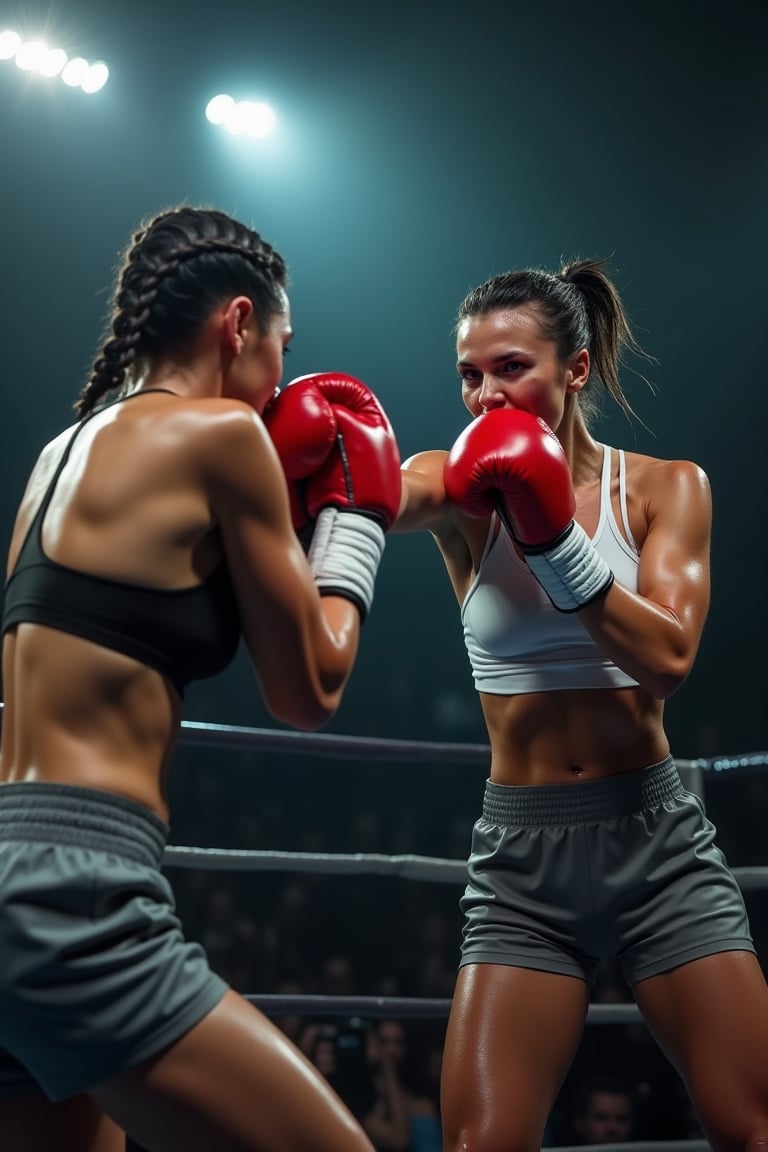 In a dimly lit boxing stadium, the Russian super sexy fighter unleashes a powerful right straight that crashes into her opponent's face. Her opponent, a formidable female boxer with short black hair and a crown braid, sports a wet and shiny body, sweat glistening on her skin as she's caught off guard by the sudden attack. The spectators camera flashes illuminate the scene, casting an intense glow on the fighters' faces. Her own white crop top and grey tight pants hug her toned physique, while her opponent's black crop top and pants leave little to the imagination. With a fierce cry, our Russian boxer stands victorious, her intense eye makeup and red lips adding to her intimidating presence as she gazes down at her defeated foe. The image is rendered in stunning 16K UHD with ultra-high detail, capturing every nuance of this high-stakes boxing match.back focus.