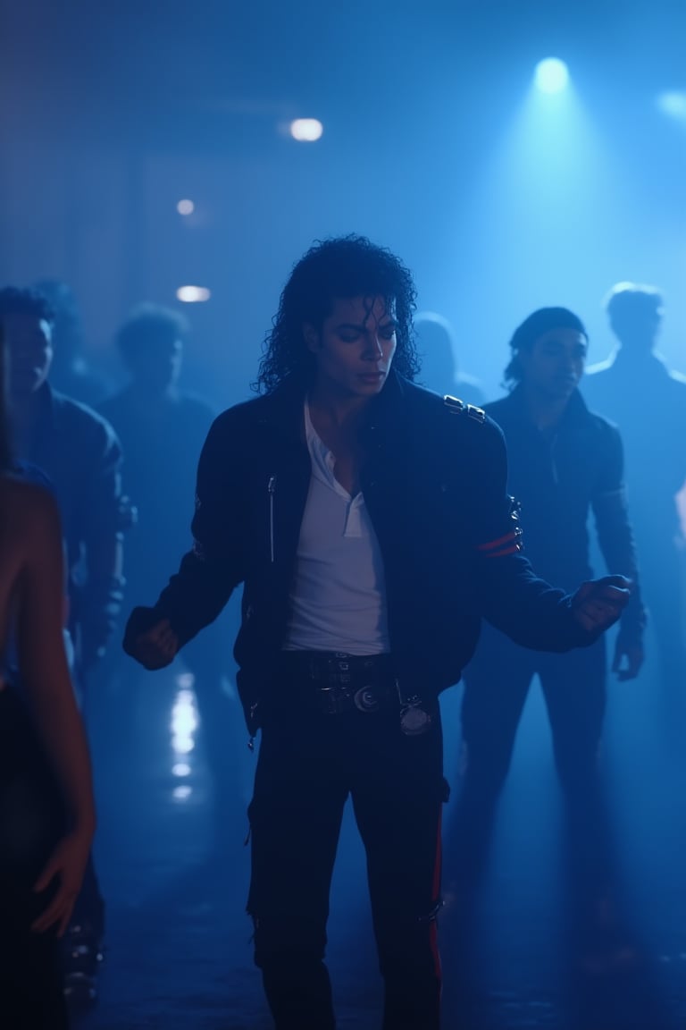 a cinematic music video still shot of Thriller. Michael Jackson dances to beat it with the gang.full_body.blue and thick fog.extreme realism, real life, realistic image, high-quality lighting,16k UHD.aesthetic,film,(realistic face),realistic eyes,(realistic skin),ultra high res, ultra realistic, hightly detailed,golden ratio,MJBAD87,plain87,subway87