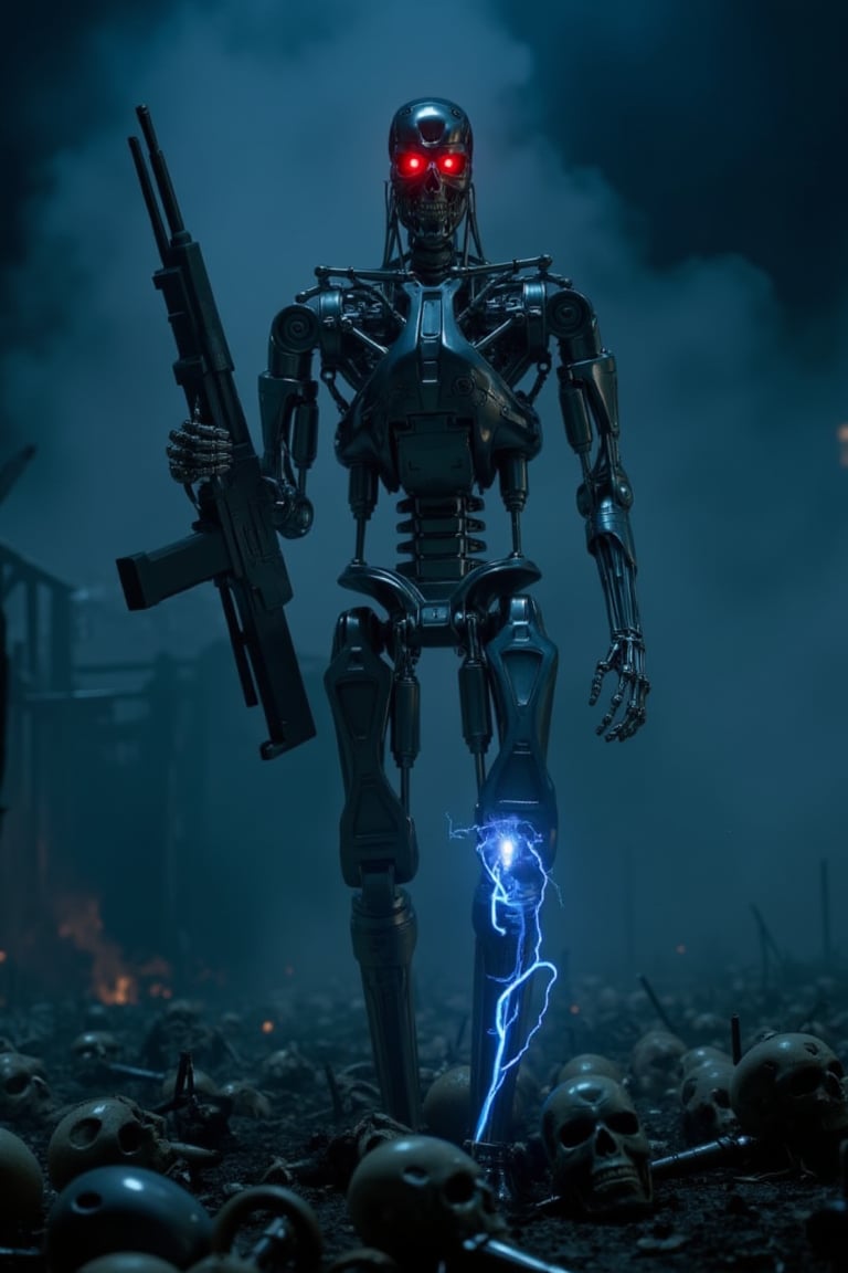 a cinematic movie screen shot of Terminator2.a steel mill.The machine's face was exposed on the half-peeled skin of the T800.eyes red light grows.his hand holding machine gun.There is a blue electric spark coming from body.extreme realism, real life,realistic image, high-quality lighting,16k UHD.aesthetic,film,(masterpiece:1.3), (8k, photorealistic, RAW photo, best quality: 1.4),ultra high res, ultra realistic, hightly detailed.,T800 robot walking.a dark light.He stands on a tomb made of human skulls.