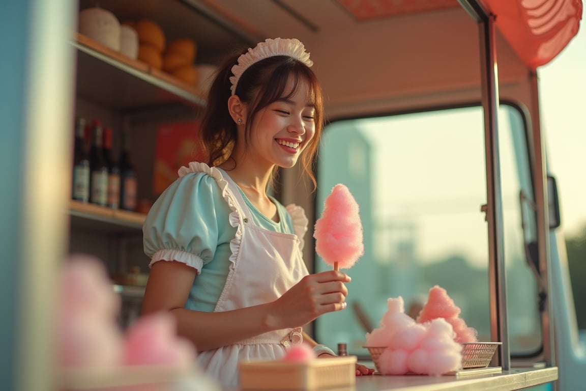 a professional snap shot a super cute girl,brush,she smile and working food truck,her hands Cotton candy,she were maid_uniform,dr martens black boots,extreme realism,real life,realistic image,high-quality lighting.aesthetic,analog film,hightly detailed,golden ratio,Pastel tone.