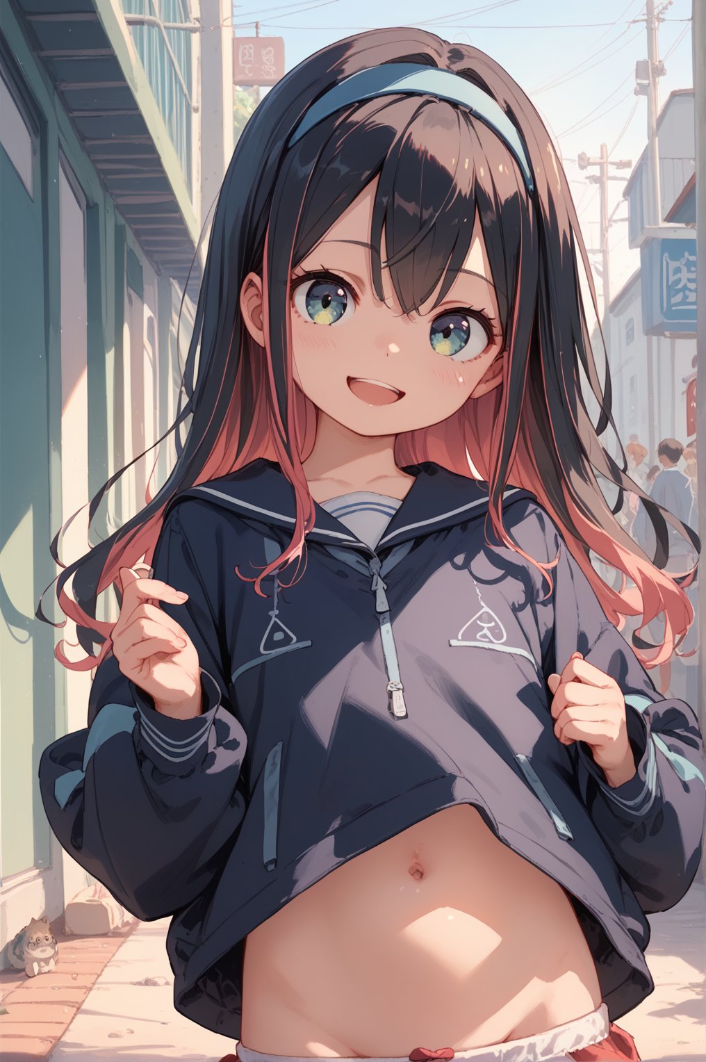 score_9,score_8_up,score_7_up,source anime,very detailed illustration, 1girl,,long hair, black hair , ,little girl,loli,

,looking at viewer,navel,open mouth,,smile, school ,brezer ,miniskirt,hairband