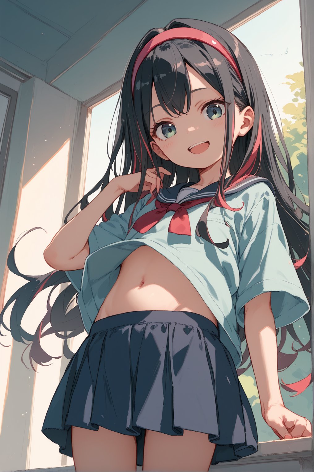 score_9,score_8_up,score_7_up,source anime,very detailed illustration, 1girl,,long hair, black hair , ,little girl,loli,

,looking at viewer,navel,open mouth,,smile, school ,brezer ,miniskirt,hairband, bottomles