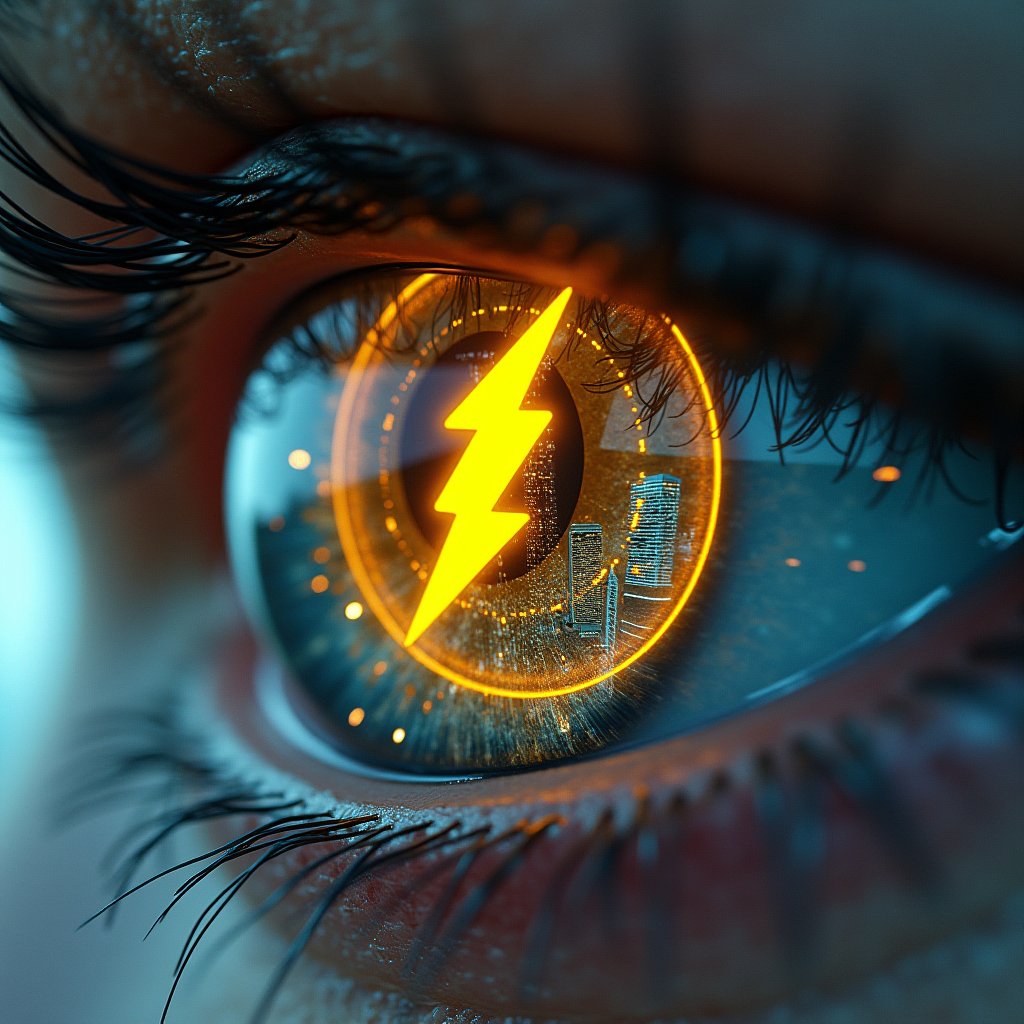 Create an image where the viewer is looking into a human eye. (man) In the eye's reflection, depict a futuristic and war-torn world, a neon glowing faded yellow zeus thunderbolt sign, The landscape should be overrun with advanced AI technology, tall buildings covered in digital advertisements and holograms, glowing cybernetic iris