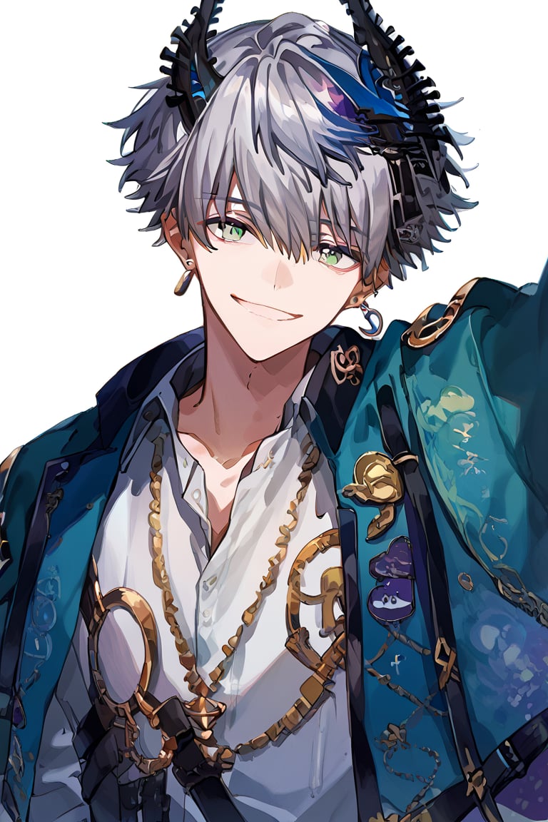 score_9,score_8_up,score_7_up, best quality,masterpiece, 1boy, male focus, shiro_menas, gray hair, streaked hair, green eyes, fake horn on left head, earrings, open jacket, white shirt, looking at viewer, smile, upper body, close up