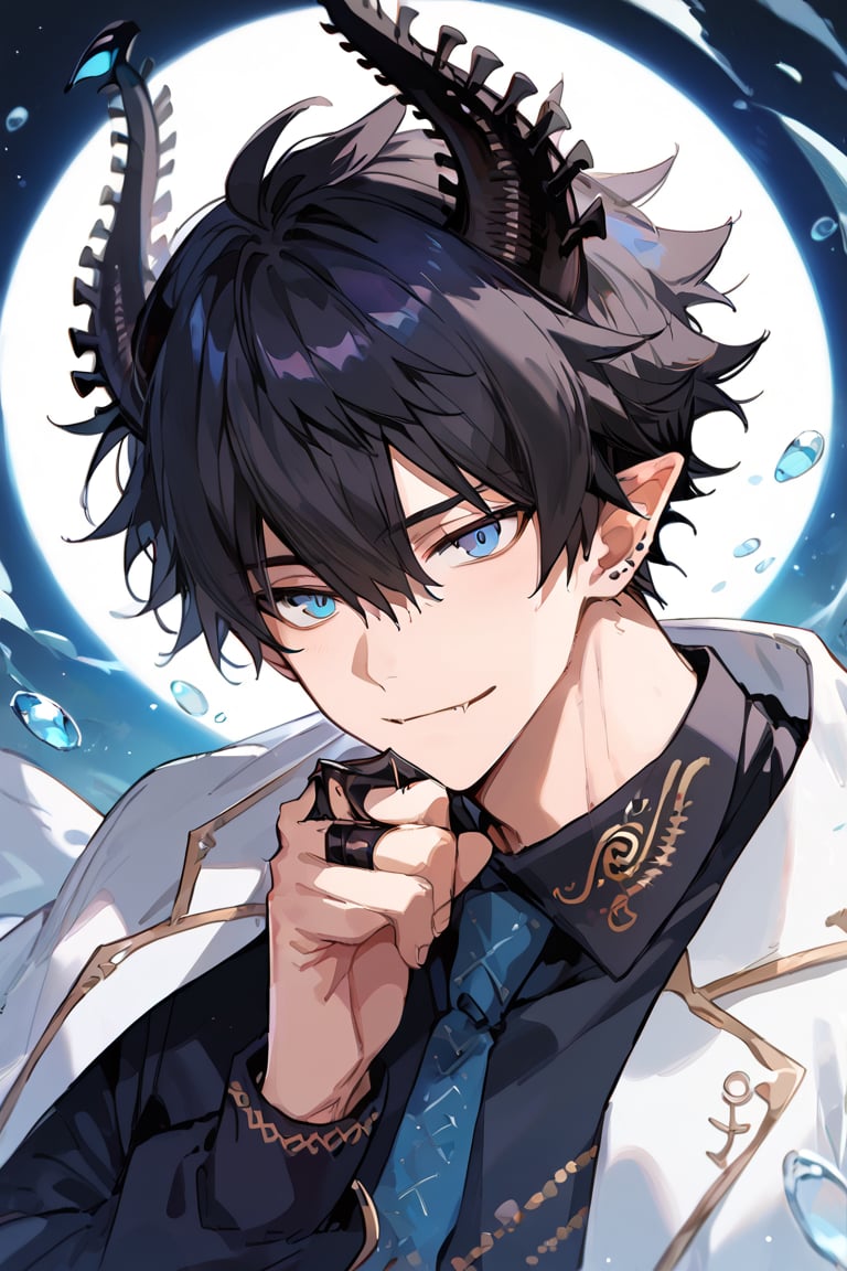 score_9, score_8_up, score_7_up, masterpiece, best quality, 1boy, male focus, ren_zotto, horns, black hair, blue eyes, pointy ears, looking at viewer