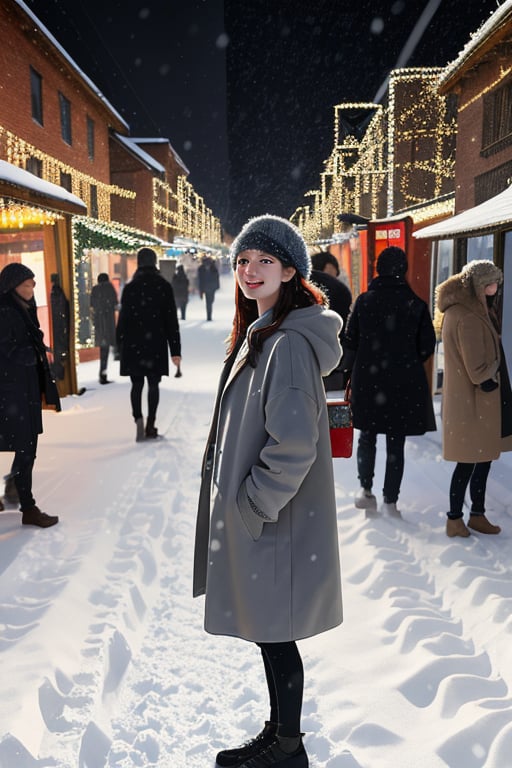 cute girl, long hair, fashion winter coat, big coat, Wear a coat over a hoodie, standing looking up snow is falling, winter night city, snowing, 4K, ultra HD, RAW photo, realistic, masterpiece, best quality, beautiful skin, white skin, 50mm, medium shot, outdoor, half body, photography, Portrait, ,chinatsumura, high fashion, snowflakes, dynamic light, warm lights, christmas lights, festival atmosphere,dragonink