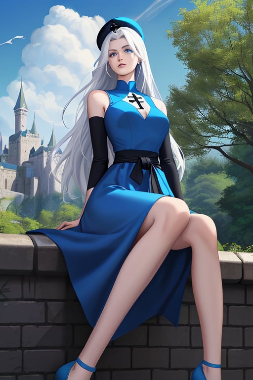 An animated image of a woman with long white hair and blue eyes. She is wearing a blue dress with a black belt around her waist. She has a black hat on her head and a black cross on her chest. Her legs are bent at the knees and her arms are crossed over her. The woman is sitting on a brick wall. Behind her is a castle and trees. The sky is blue with white clouds.