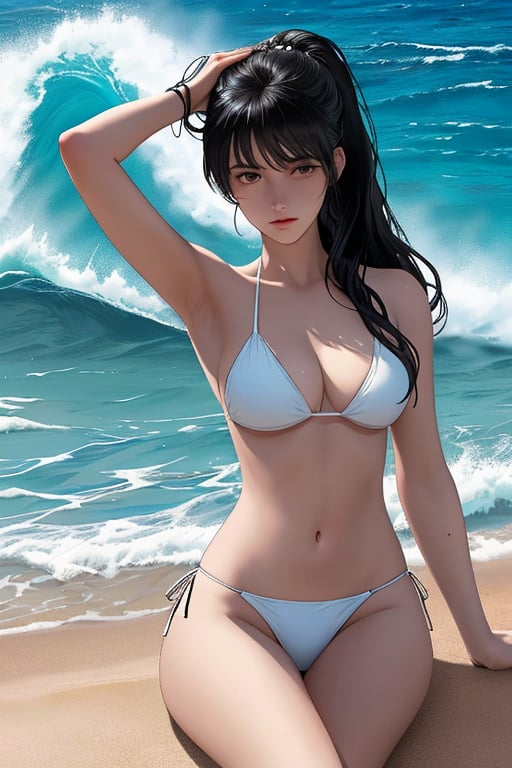 An animated image of a woman in a white bikini sitting on the beach. The woman has long black hair with bangs and dark eyes. Her left hand is resting on her hip. Her right hand is holding her hair up to her ear. The background is a light blue ocean with waves crashing on the sand. The text "Sexy Anime Girls" is written in black letters at the bottom of the image.