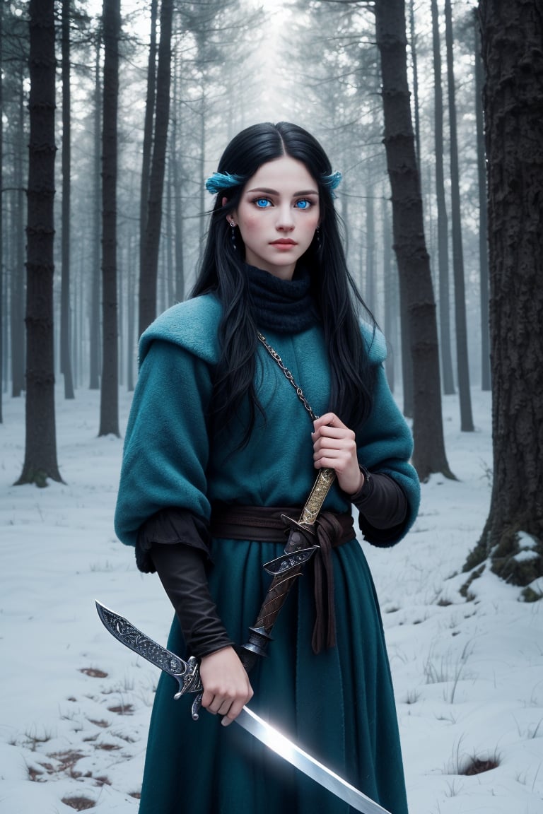 (epic movimiento, small ears, 1 Woman rostro beautiful like Yennifer, beautiful face eropean angelical face,  of a woman with blackhair long, white skin, blue eyes biger. Cold colors, cold lighting)
Dressed a outfit blacK
In forest winter.  (Sword in hand),