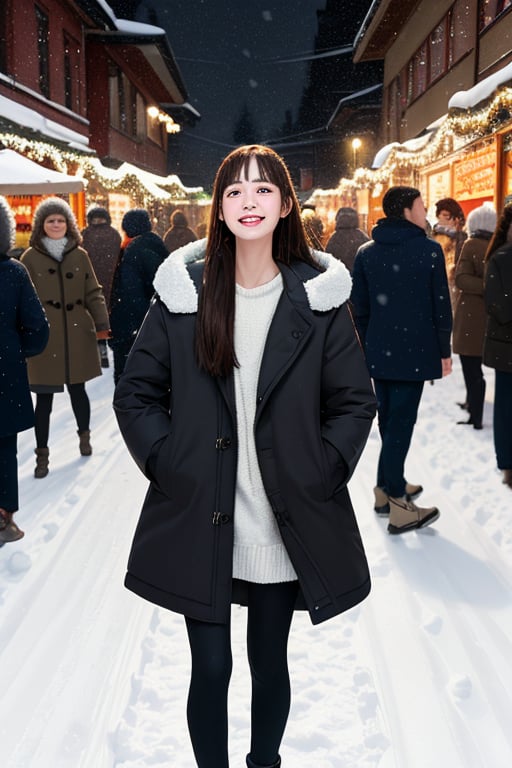 cute girl, long hair, fashion winter coat, big coat, Wear a coat over a hoodie, standing looking up snow is falling, winter night city, snowing, 4K, ultra HD, RAW photo, realistic, masterpiece, best quality, beautiful skin, white skin, 50mm, medium shot, outdoor, half body, photography, Portrait, ,chinatsumura, high fashion, snowflakes, dynamic light, warm lights, christmas lights, festival atmosphere,dragonink