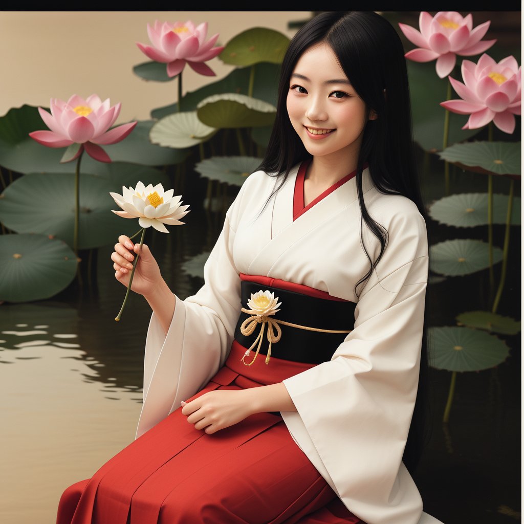 score_9,score_8_up, masterpiece, in the style of a hanafuda deck, a lovely Japanese girl (long black hair, smiling, elegant) holding a lotus flower in her lap, Japanese Hanafuda background.
