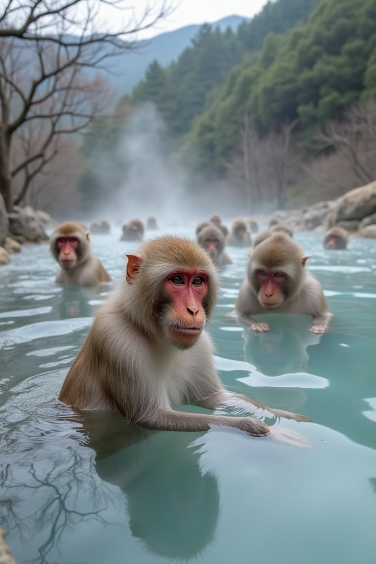 Jigokudani Monkey Park, a group of Japanese wild macaques bathing in hot springs