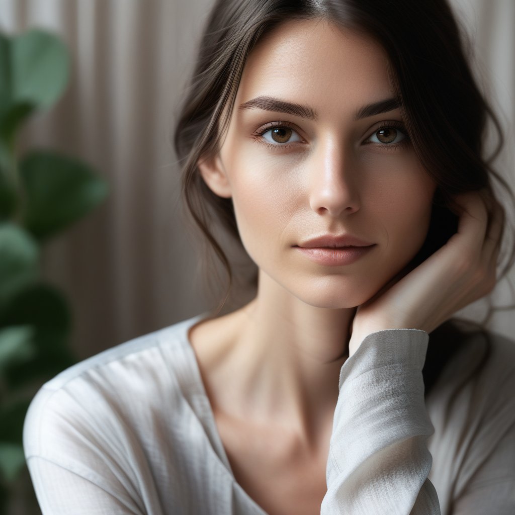 A close-up portrait of a woman with long, slightly wavy dark brown hair, wearing a jeans Overall. The lighting is soft and even, highlighting the texture of the silk and the subtle waves in her hair. The composition is centered, focusing on her serene calm and contemplative face and the elegant drape of the shirt.