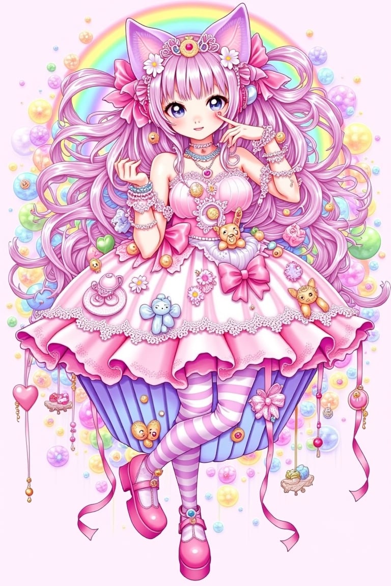 1girl ,vtuber anime character design,love＋peace＋ice cream,big Eyes,(Eyes that protrude from the contours of the face:1.3),(Extremely deformed eyes:1.4),
An over-the-top maximalist Vtuber character in hyper-decorative pink Lolita fashion. Her anime-style face features enormous, sparkling eyes in gradient pastel colors, framed by impossibly long eyelashes. Her multi-layered hair cascades in a riot of pastel pinks, purples, and blues, adorned with an excess of bows, flowers, and glittering accessories. She wears a frilly, cupcake-shaped dress in various shades of pink, covered in lace, ribbons, and ruffles. The dress is further embellished with candy motifs, stuffed animals, and miniature tea sets. Multiple petticoats peek out from beneath, each a different shade of pink. She sports striped stockings and platform shoes with heart-shaped buckles, Numerous bracelets, rings, and necklaces adorn her, along with a tiara and cat-ear headphones, background is a dizzying collage of pastel colors,anime style,anime girl,Takehiko Inoue