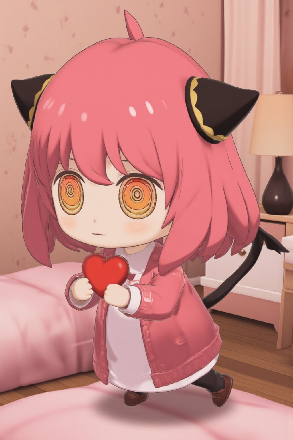 1girl, modeus (helltaker), heart-shaped pupils, chibi, demon tail, heart, tail, horns, symbol-shaped pupils, demon girl,lyh_nendo,side,chibi,room,bed,nendo