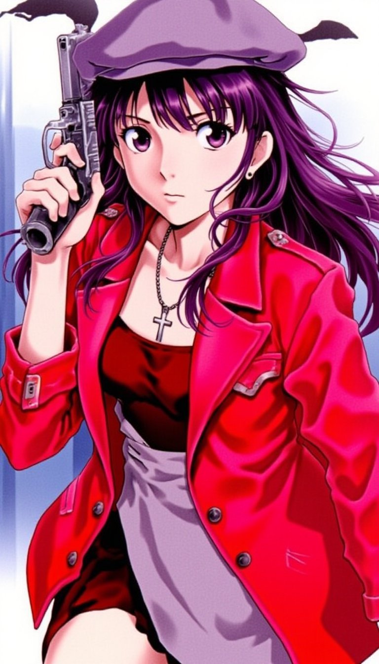 katsuragi misato, 1girl, gun, weapon, cross, solo, jewelry, holding, holding weapon, handgun, cross necklace, necklace, jacket, hat, holding gun, earrings, purple hair, long hair, red jacket, long sleeves, dress