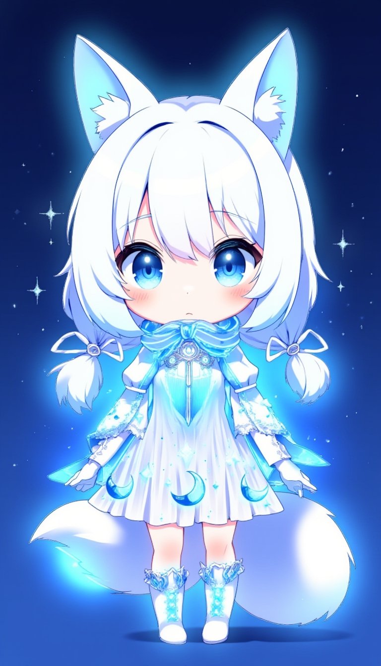 chibi girl, front view, .Anthropomorphized fox Girl:Pure white hair tied into high twin ponytails, with a blue sheen at the ends Blue eyes, like stars shining in the night sky White clothing featuring a blue glowing moon pattern on the chest A translucent fiber optic skirt with blue LED lights, mimicking the starry sky Light and semi-transparent white shawl embroidered with blue crescent moons and stars Two pairs of white fox ears and a long fox tail, with a blue LED light at the tip of the tail Boots adorned with blue fiber optics, giving a futuristic feel White fingertip touchscreen gloves.full body,chibi, sanrio style, flat 2D colour