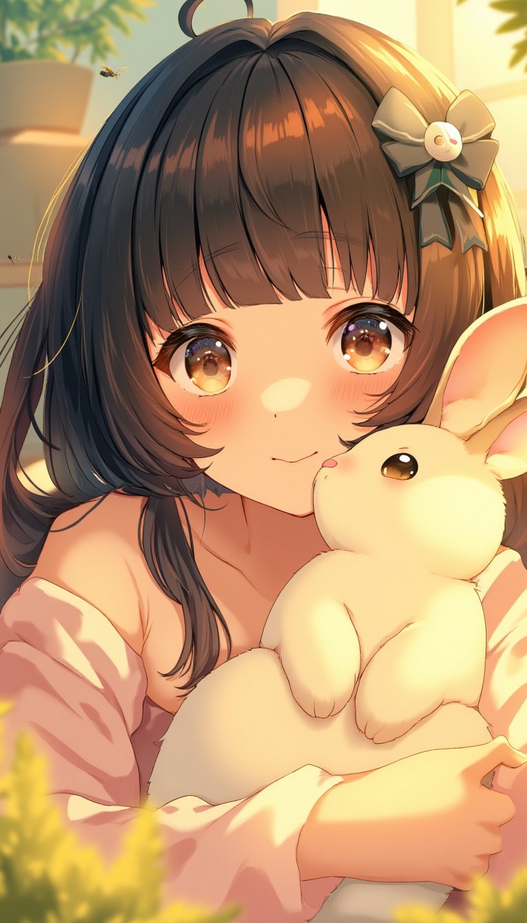 A cozy summer oil painting portrait of japanese girl with a cute bunny, style by Atey Ghailan, the air is warm and still, and the only sound is the gentle chirping of crickets, feel safe and loved, detailed eyes, perfect eyes, The scene is peaceful and nostalgic, and it brings a smile to your face, anime,lyh