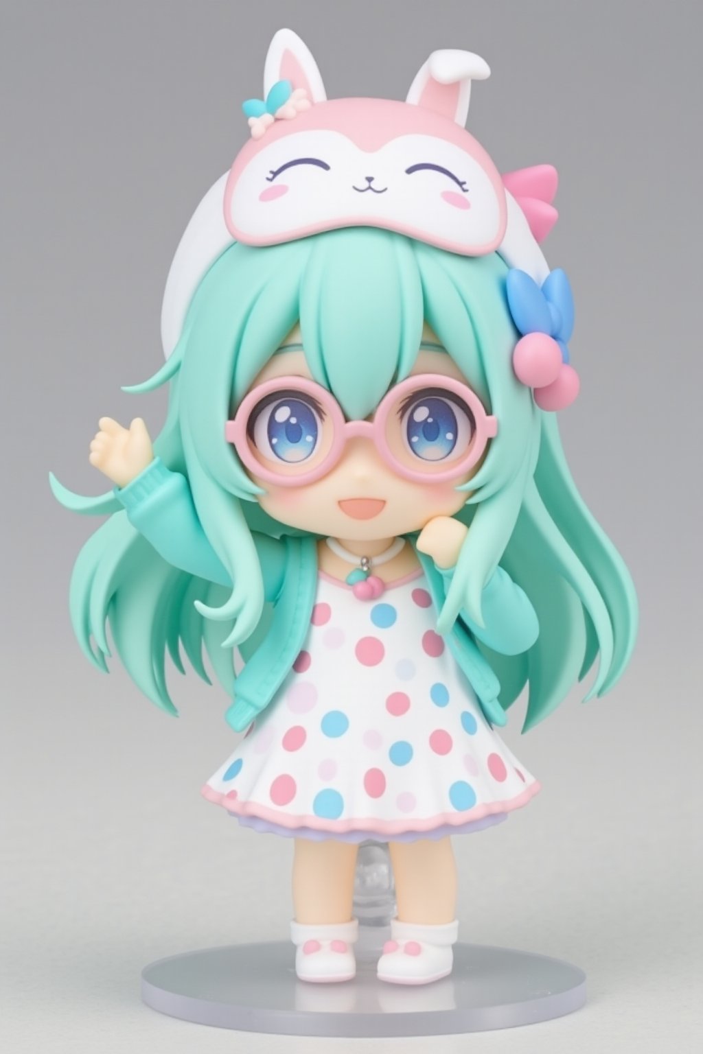 Cute anime-style chibi figurine of a girl with long, flowing turquoise hair. Large expressive blue eyes behind pink round glasses. Wearing a white polka-dot dress with pink and blue dots, pink trim, and a teal underskirt. Teal cardigan sweater. White and pink animal-shaped sleep mask on her head with closed eyes, small bone decoration, and blue bow. Pink bow in her hair. Pink cherry-shaped pendant necklace. White bunny-shaped slippers. Posing with one hand raised near her face. Cheerful expression. Highly detailed plastic figurine on a clear stand. Soft, pastel color palette. Professional product photography lighting and setup.,lyh_nendo,mia,ando